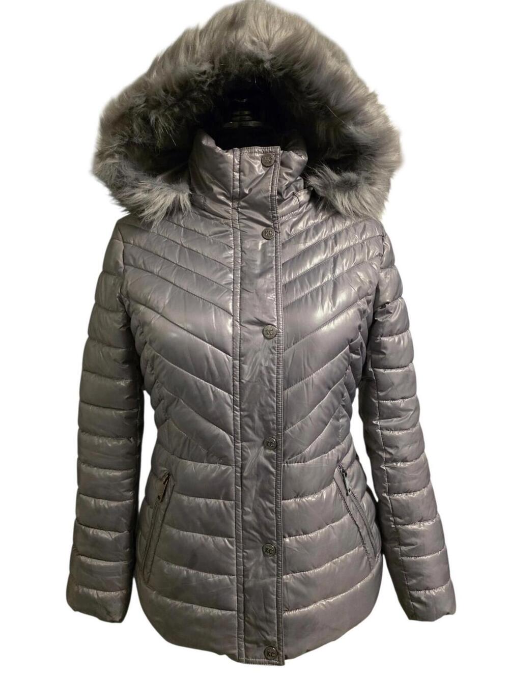 Women's Small Silver Kenneth Cole Puffer Coat With Silver Faux Fur Hood